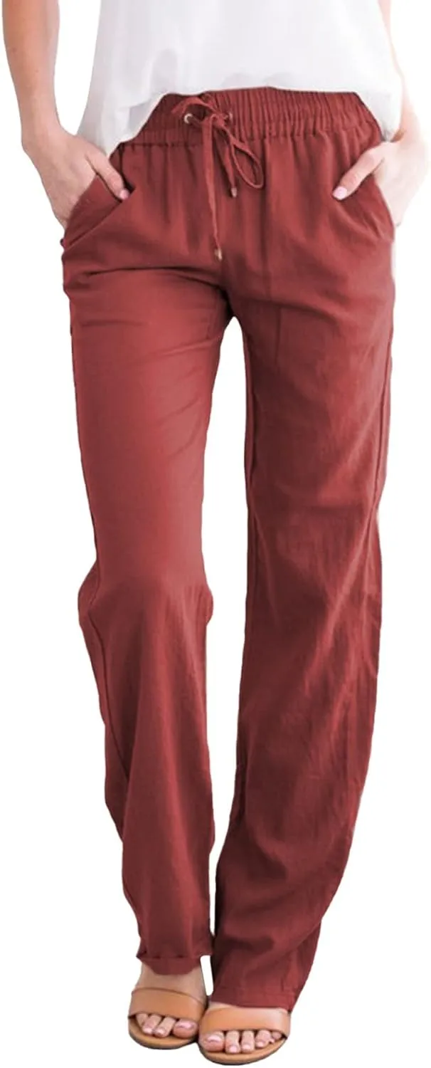 Linen Capris for Women Elastic Pants Long Drawstring Linen Women Waist Cotton Casual Side Button Casual Cropped