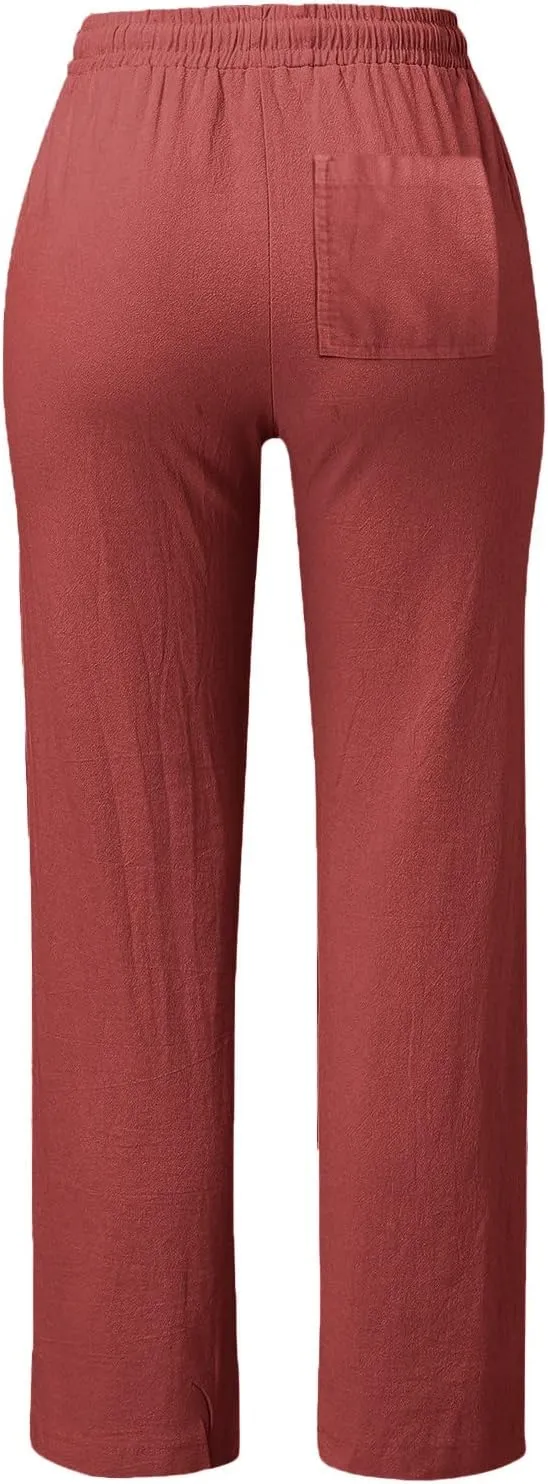 Linen Capris for Women Elastic Pants Long Drawstring Linen Women Waist Cotton Casual Side Button Casual Cropped