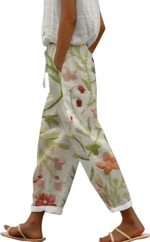 Linen Capris for Women Elastic Waisted Drawstring Capri Pants with Pockets Boho Floral Casual Summer Cropped Pants