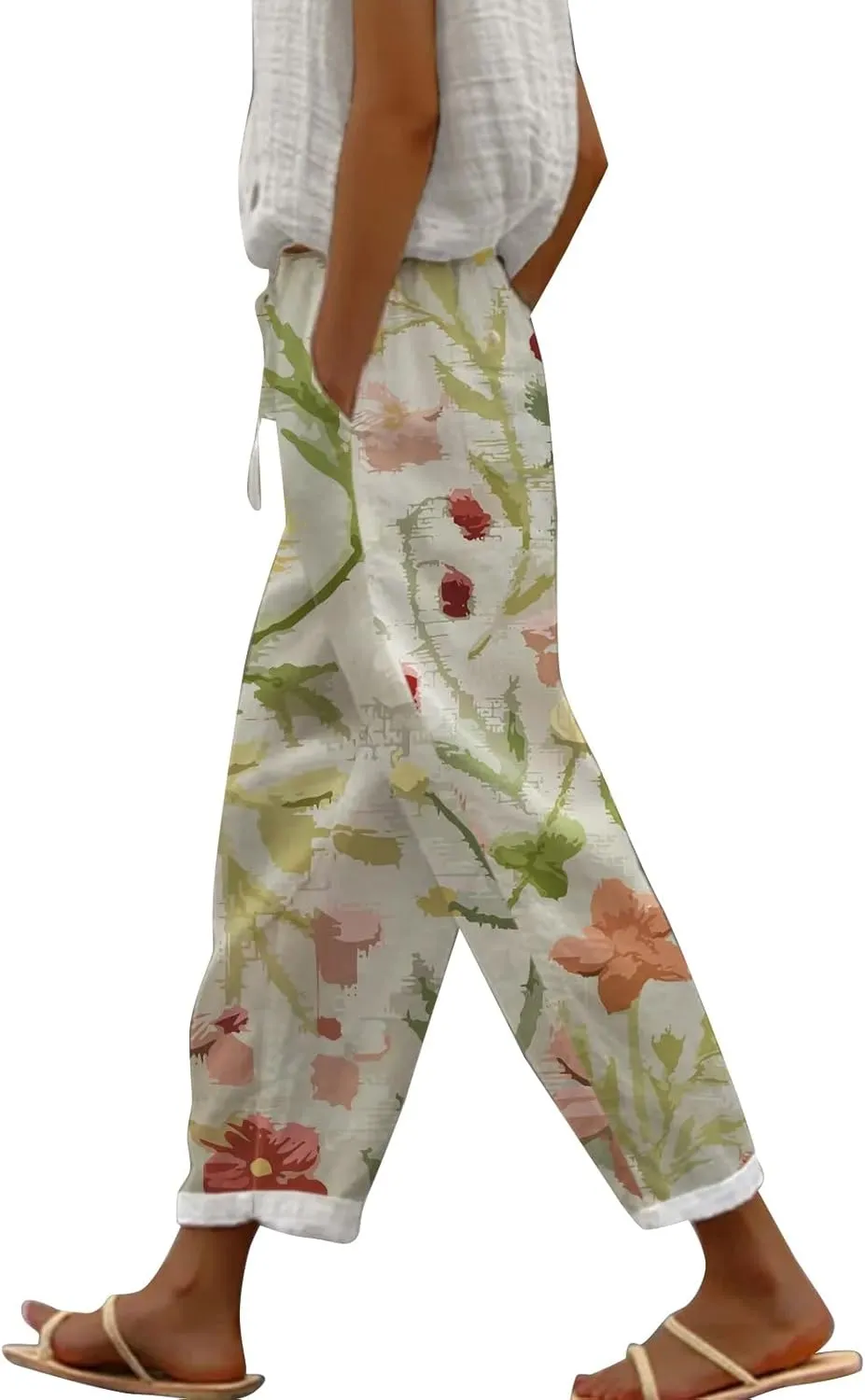 Linen Capris for Women Elastic Waisted Drawstring Capri Pants with Pockets Boho Floral Casual Summer Cropped Pants