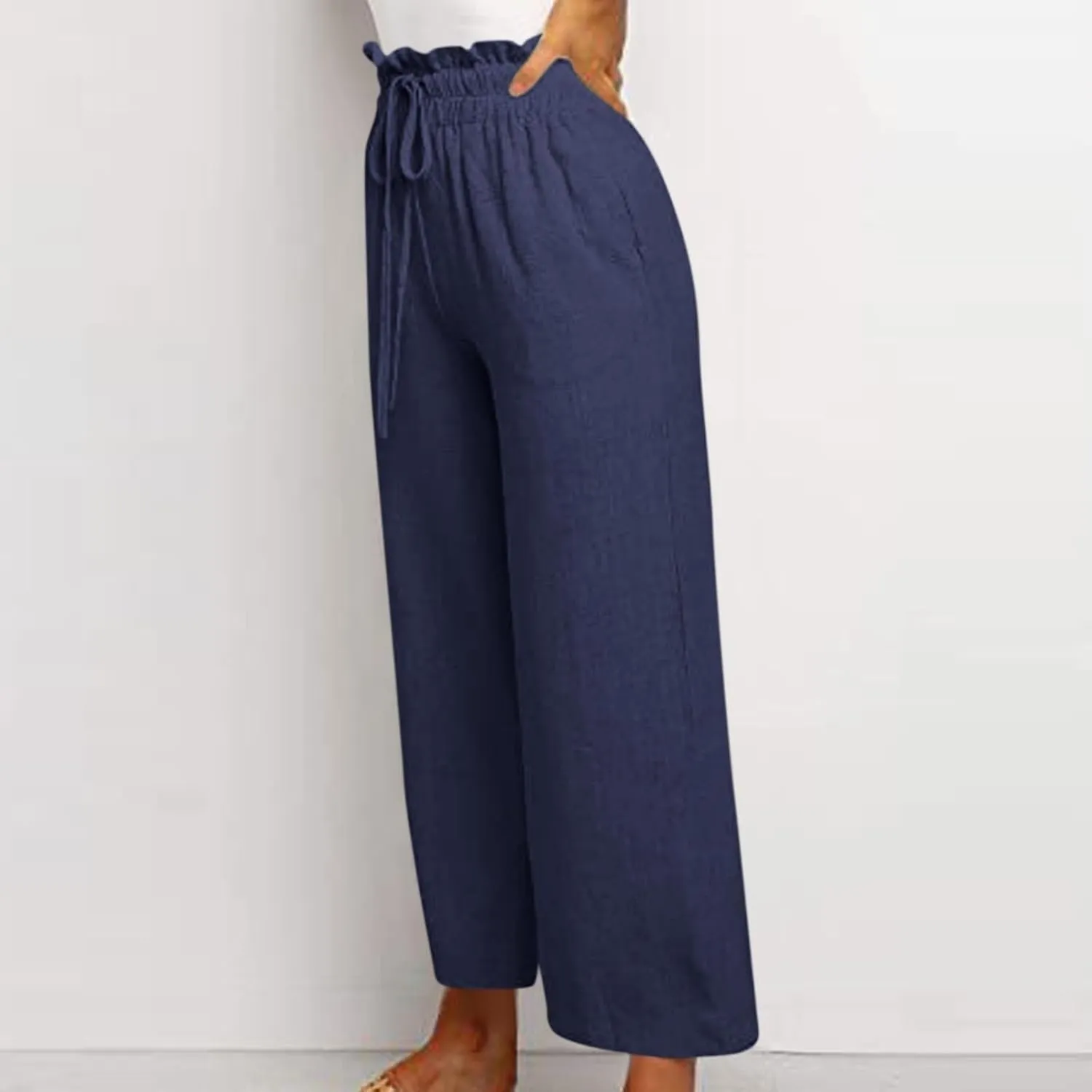 Linen Palazzo for Women Dressy Casual Elastic High Waisted Wide Leg Pants Summer Loose Comfy Work Pants with Pockets