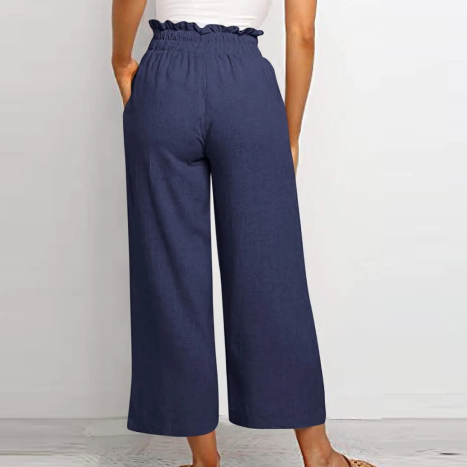 Linen Palazzo for Women Dressy Casual Elastic High Waisted Wide Leg Pants Summer Loose Comfy Work Pants with Pockets