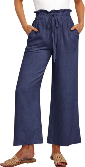 Linen Palazzo for Women Dressy Casual Elastic High Waisted Wide Leg Pants Summer Loose Comfy Work Pants with Pockets