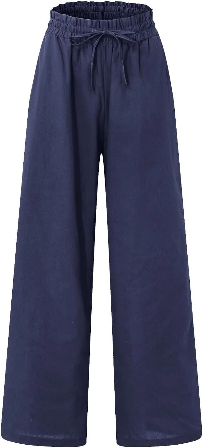 Linen Palazzo for Women Dressy Casual Elastic High Waisted Wide Leg Pants Summer Loose Comfy Work Pants with Pockets