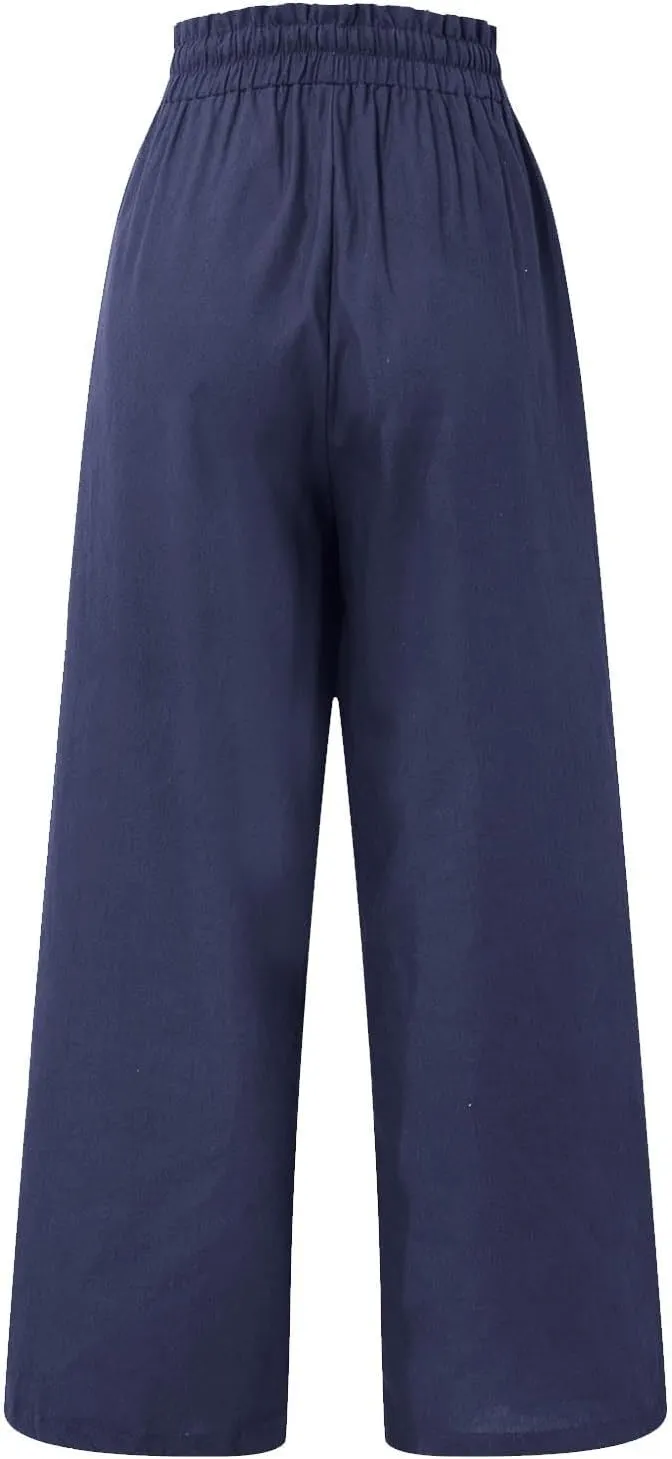Linen Palazzo for Women Dressy Casual Elastic High Waisted Wide Leg Pants Summer Loose Comfy Work Pants with Pockets