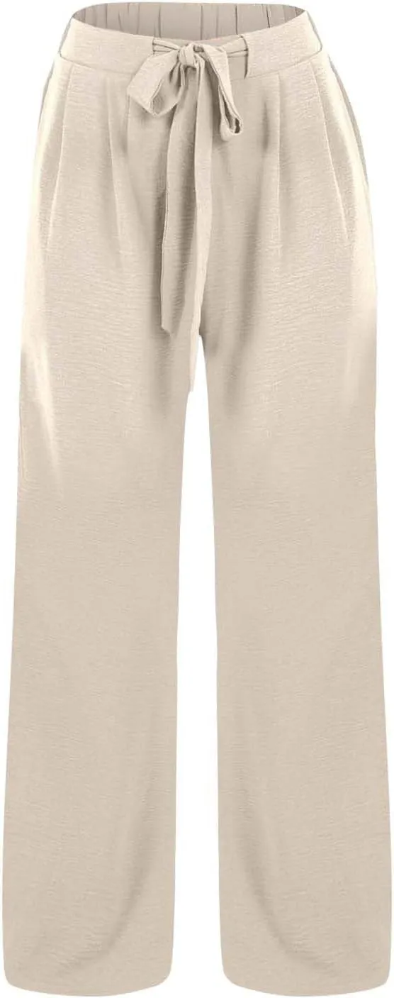 Linen Palazzo Pants for Women Casual Loose Beach Wide Leg Flowy Trousers High Waisted Tie Knot Lounge Pant