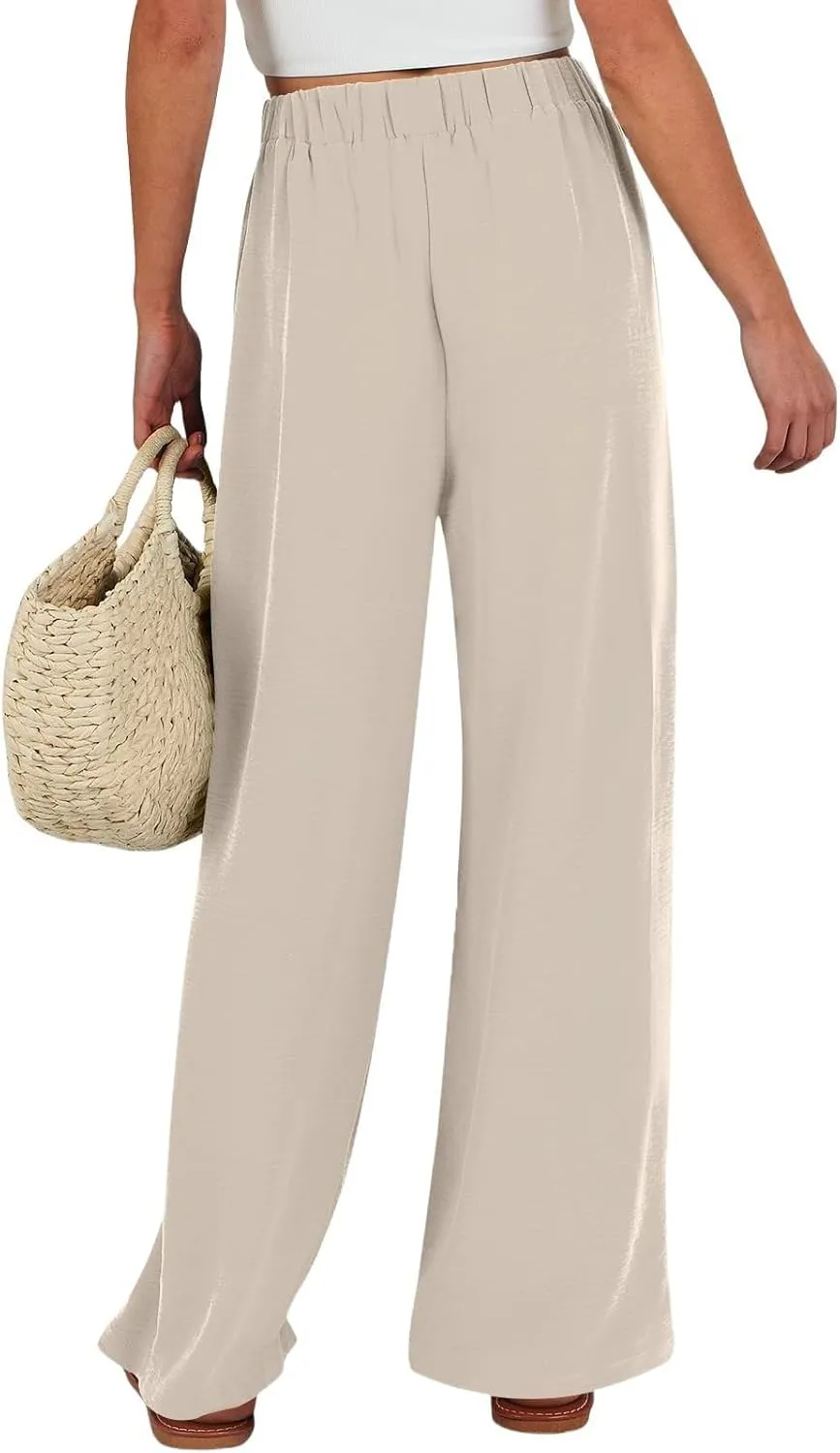 Linen Palazzo Pants for Women Casual Loose Beach Wide Leg Flowy Trousers High Waisted Tie Knot Lounge Pant