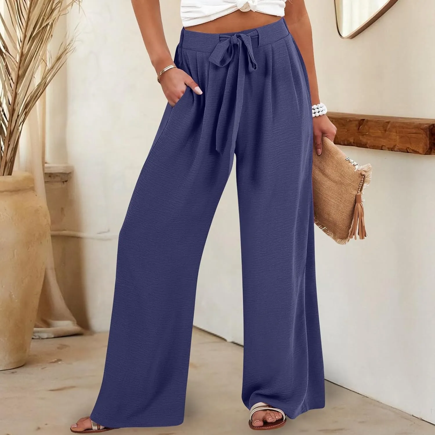 Linen Palazzo Pants for Women Casual Loose Beach Wide Leg Flowy Trousers High Waisted Tie Knot Lounge Pant