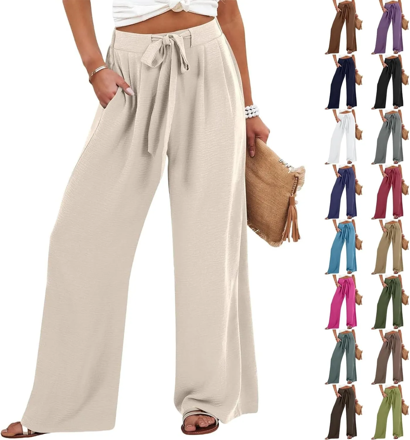 Linen Palazzo Pants for Women Casual Loose Beach Wide Leg Flowy Trousers High Waisted Tie Knot Lounge Pant