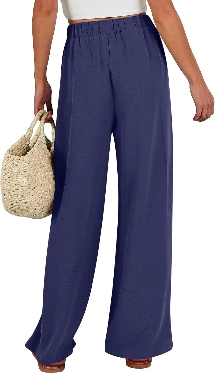 Linen Palazzo Pants for Women Casual Loose Beach Wide Leg Flowy Trousers High Waisted Tie Knot Lounge Pant