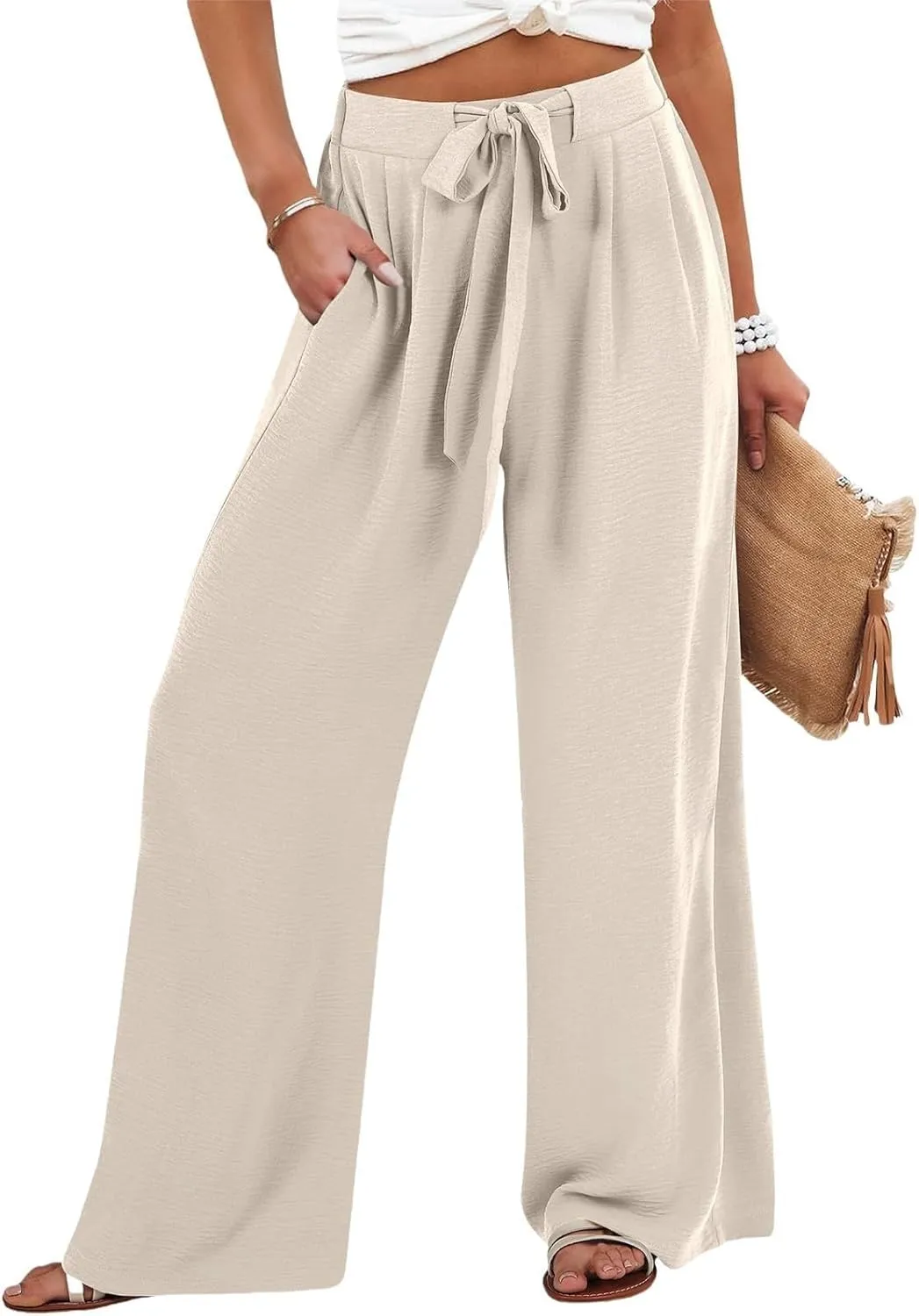 Linen Palazzo Pants for Women Casual Loose Beach Wide Leg Flowy Trousers High Waisted Tie Knot Lounge Pant