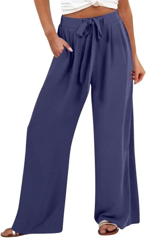 Linen Palazzo Pants for Women Casual Loose Beach Wide Leg Flowy Trousers High Waisted Tie Knot Lounge Pant