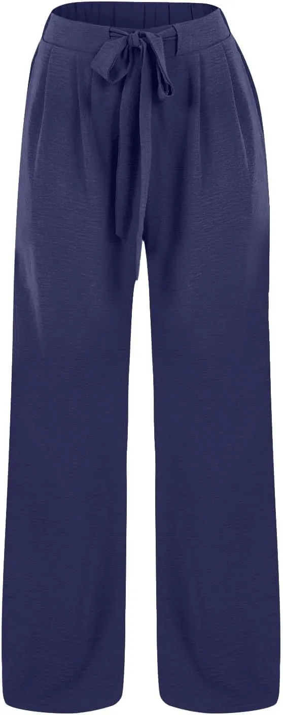 Linen Palazzo Pants for Women Casual Loose Beach Wide Leg Flowy Trousers High Waisted Tie Knot Lounge Pant