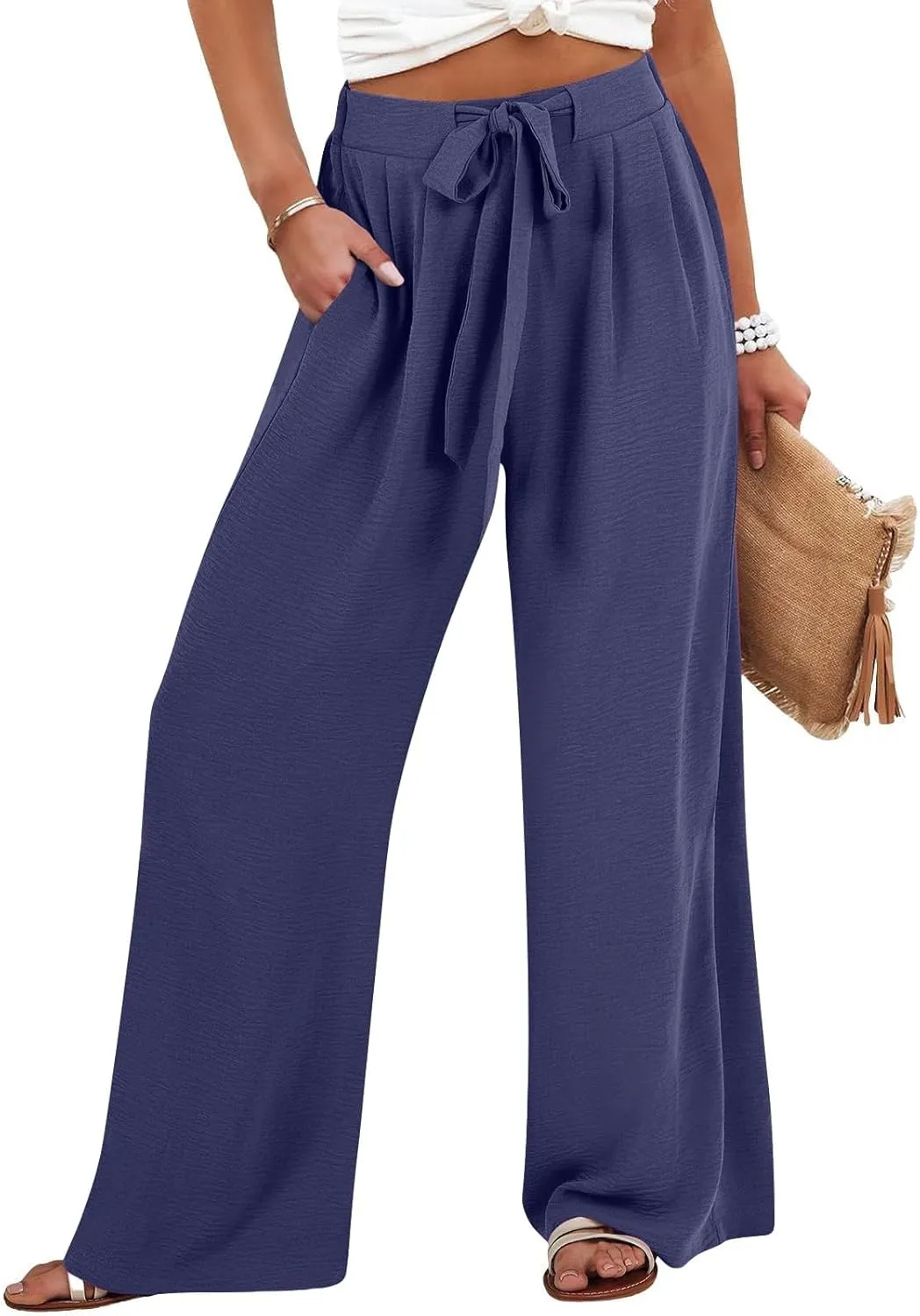 Linen Palazzo Pants for Women Casual Loose Beach Wide Leg Flowy Trousers High Waisted Tie Knot Lounge Pant
