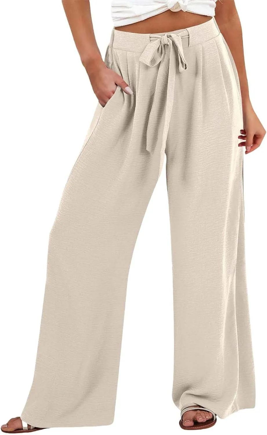 Linen Palazzo Pants for Women Casual Loose Beach Wide Leg Flowy Trousers High Waisted Tie Knot Lounge Pant