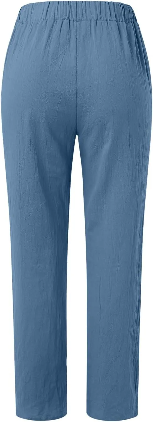 Linen Pants for Women High Waist Wide Leg Pants Loose Fit Summer Beach Pants Lightweight Long Casual Trousers Pocket