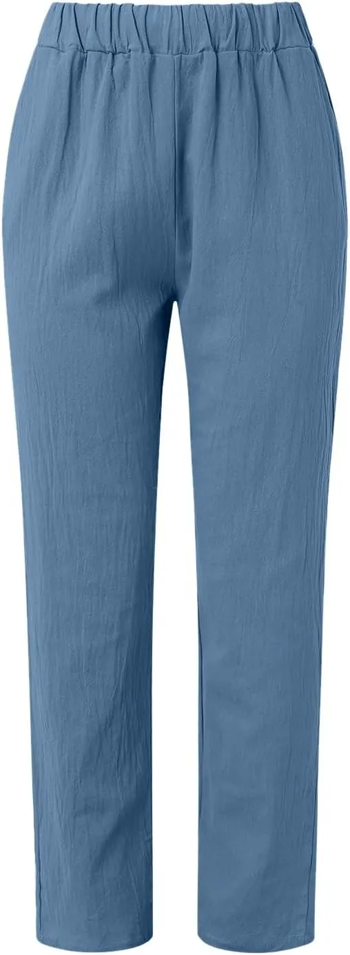 Linen Pants for Women High Waist Wide Leg Pants Loose Fit Summer Beach Pants Lightweight Long Casual Trousers Pocket