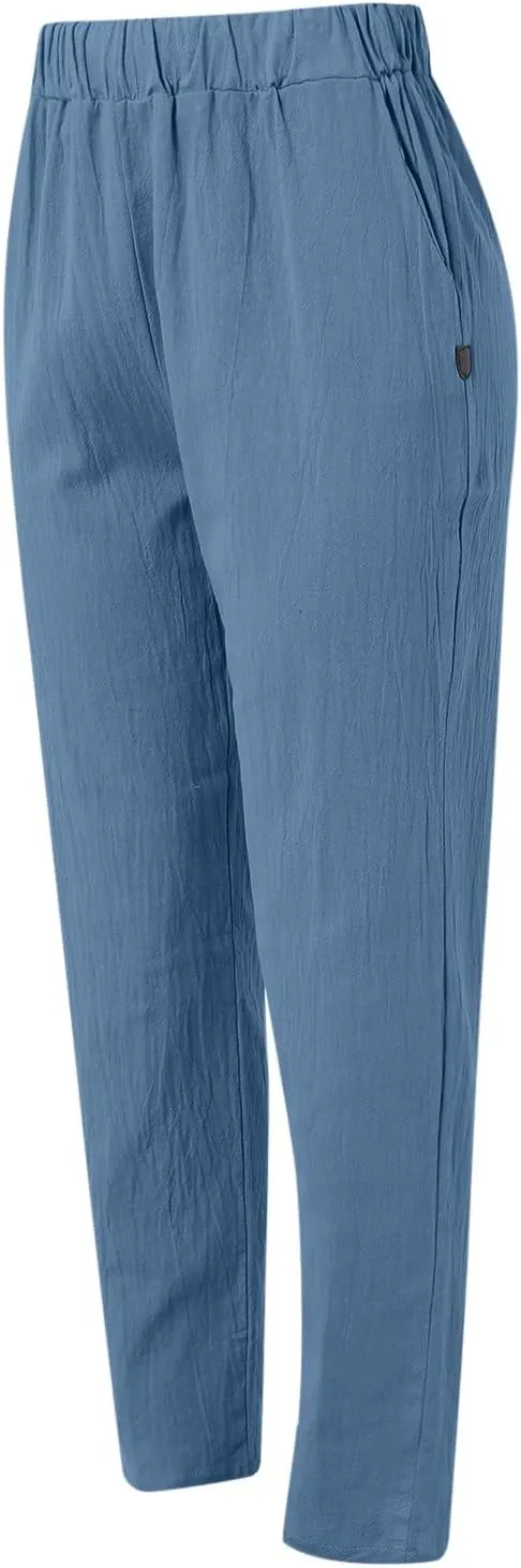 Linen Pants for Women High Waist Wide Leg Pants Loose Fit Summer Beach Pants Lightweight Long Casual Trousers Pocket