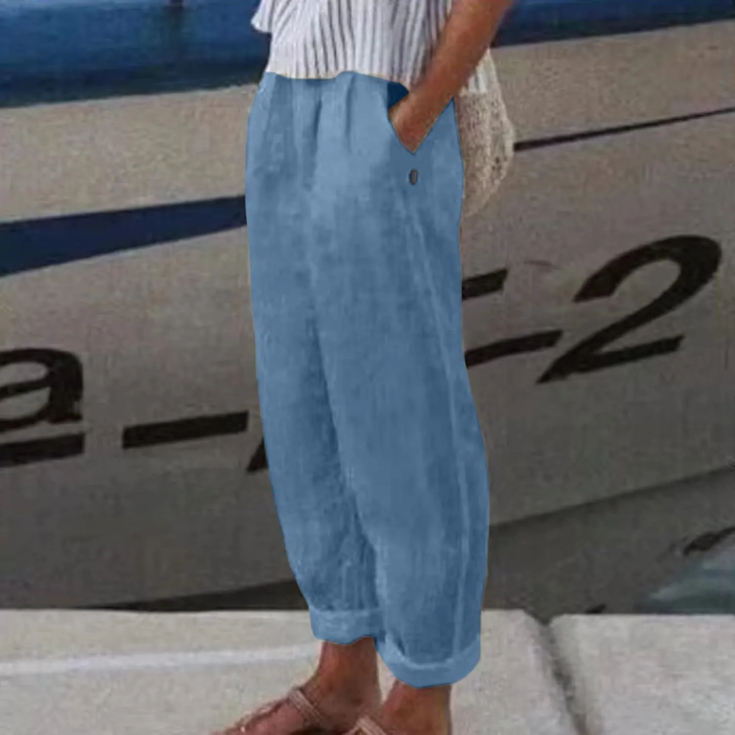 Linen Pants for Women High Waist Wide Leg Pants Loose Fit Summer Beach Pants Lightweight Long Casual Trousers Pocket