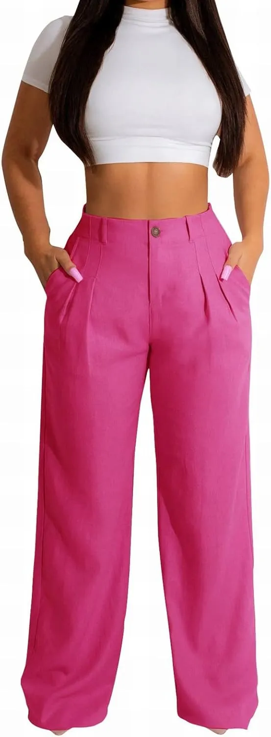 Linen Pants for Women Tall Summer Plus Size Linen Palazzo Pants High Rise Flowy Casual Beach Pants with Pockets