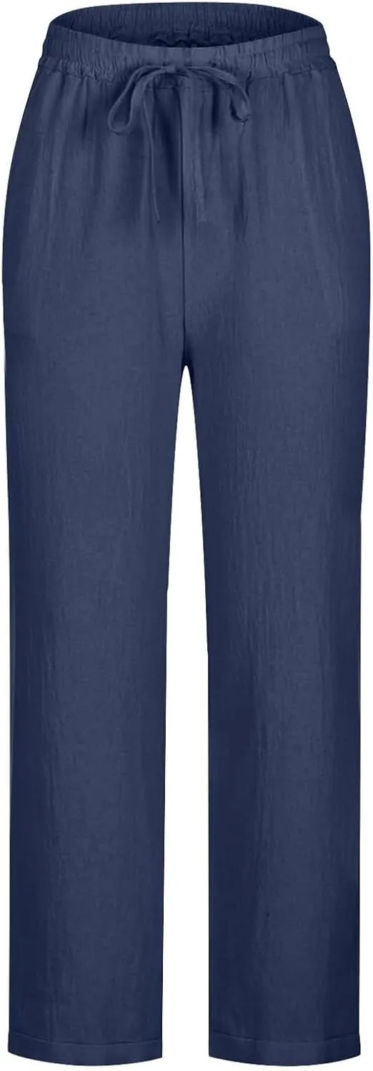 Linen Pants Women 2025 Straight Wide Leg Pants High Waisted Casual Summer Pants Lounge Beach Trousers with Pockets