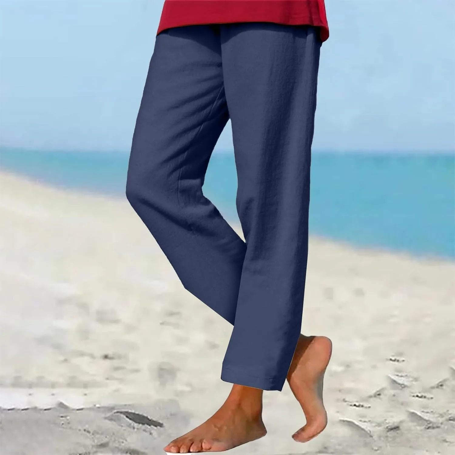 Linen Pants Women 2025 Straight Wide Leg Pants High Waisted Casual Summer Pants Lounge Beach Trousers with Pockets