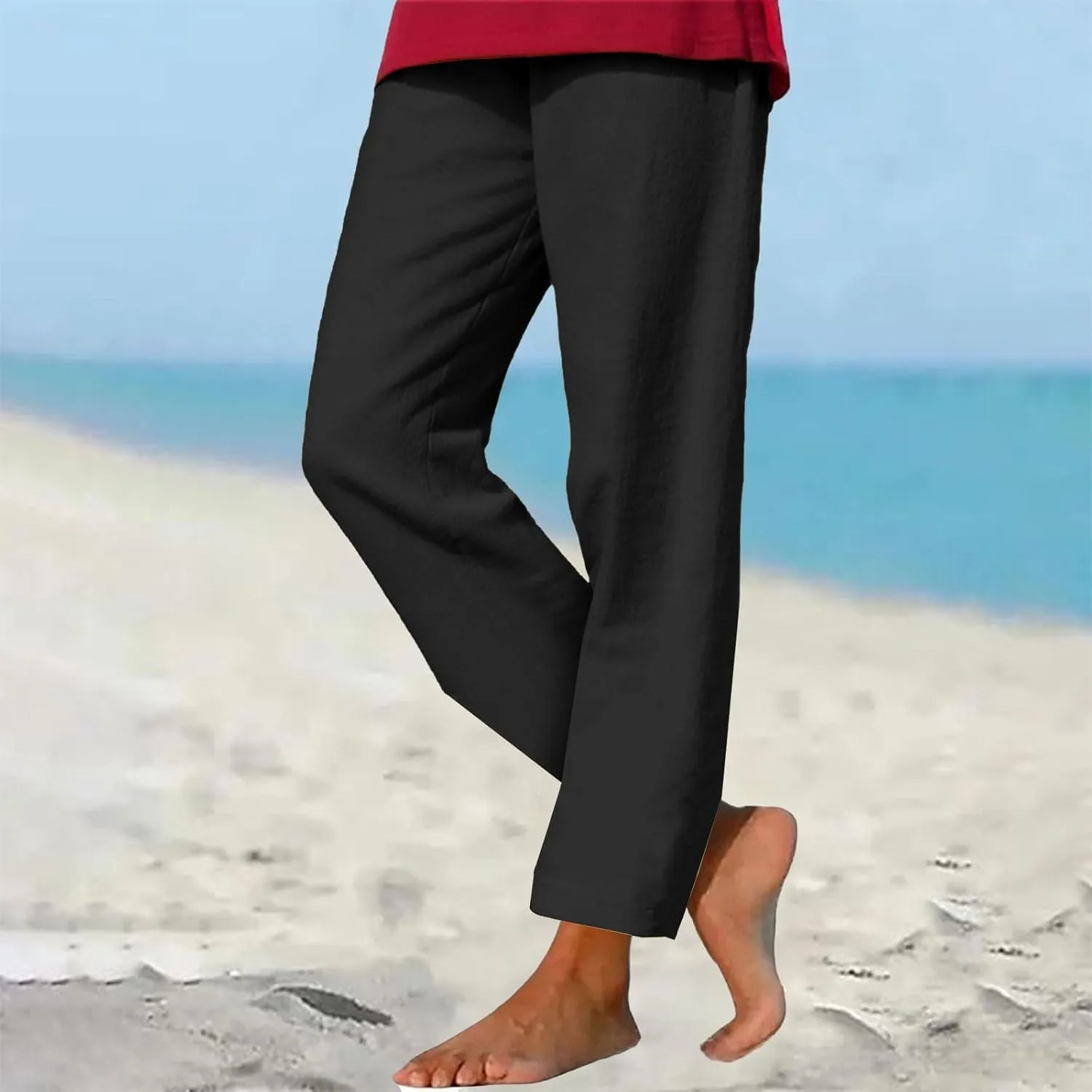 Linen Pants Women 2025 Straight Wide Leg Pants High Waisted Casual Summer Pants Lounge Beach Trousers with Pockets