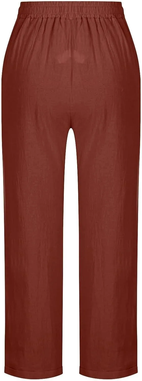 Linen Pants Women 2025 Straight Wide Leg Pants High Waisted Casual Summer Pants Lounge Beach Trousers with Pockets
