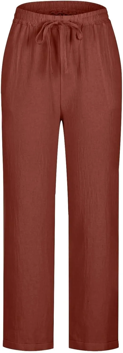 Linen Pants Women 2025 Straight Wide Leg Pants High Waisted Casual Summer Pants Lounge Beach Trousers with Pockets
