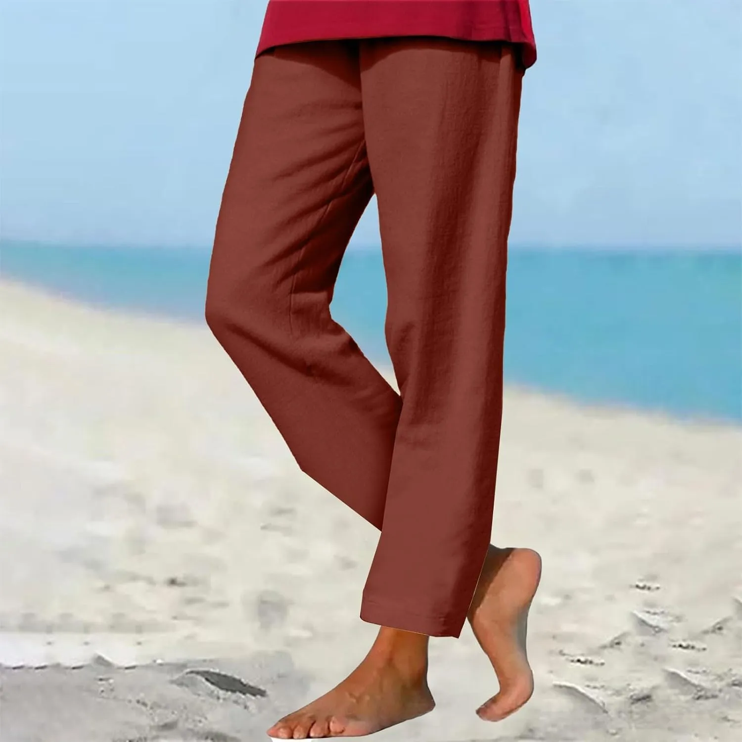 Linen Pants Women 2025 Straight Wide Leg Pants High Waisted Casual Summer Pants Lounge Beach Trousers with Pockets