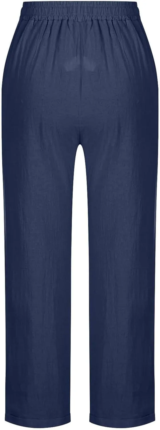 Linen Pants Women 2025 Straight Wide Leg Pants High Waisted Casual Summer Pants Lounge Beach Trousers with Pockets