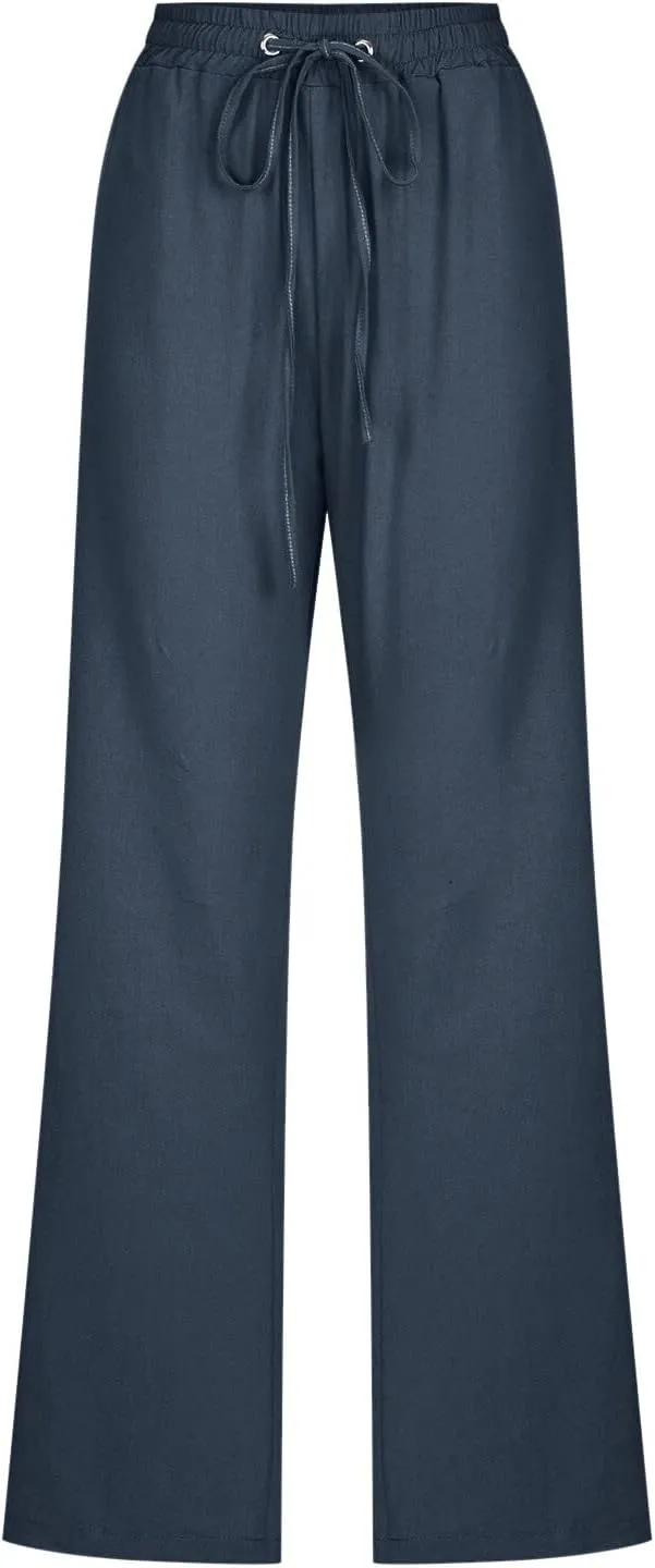 Linen Pants Women Comfy Elastic Waist Long Slim Fit High Waist Palazzo Pants Casual Cotton Lounge Pants with Pockets