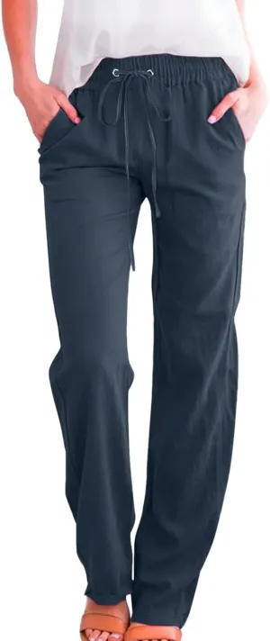 Linen Pants Women Comfy Elastic Waist Long Slim Fit High Waist Palazzo Pants Casual Cotton Lounge Pants with Pockets