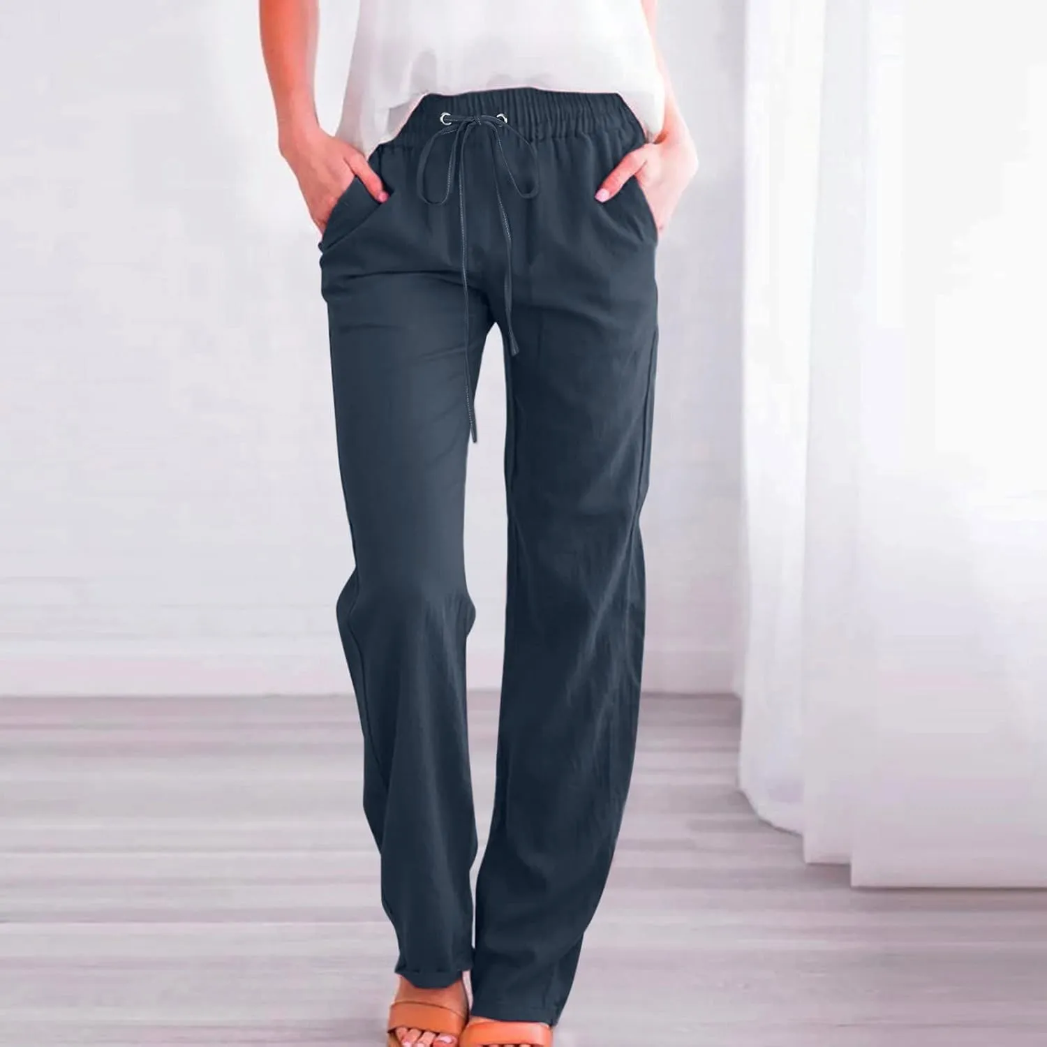 Linen Pants Women Comfy Elastic Waist Long Slim Fit High Waist Palazzo Pants Casual Cotton Lounge Pants with Pockets