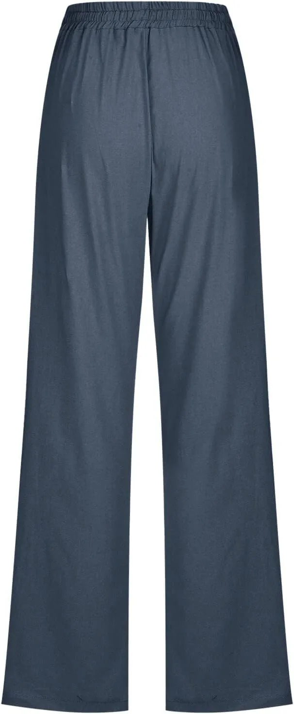 Linen Pants Women Comfy Elastic Waist Long Slim Fit High Waist Palazzo Pants Casual Cotton Lounge Pants with Pockets