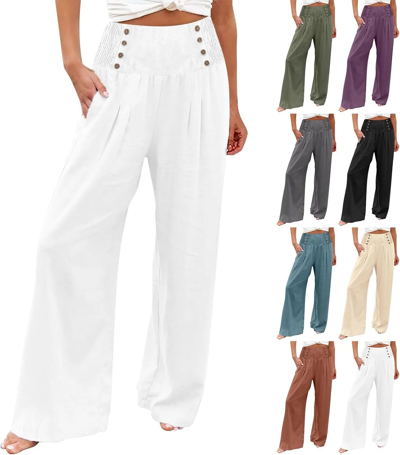 Linen Pants Women Comfy Flowy Wide Leg Pants Trousers Summer High Waisted Beach Palazzo Pants with Pockets 2025