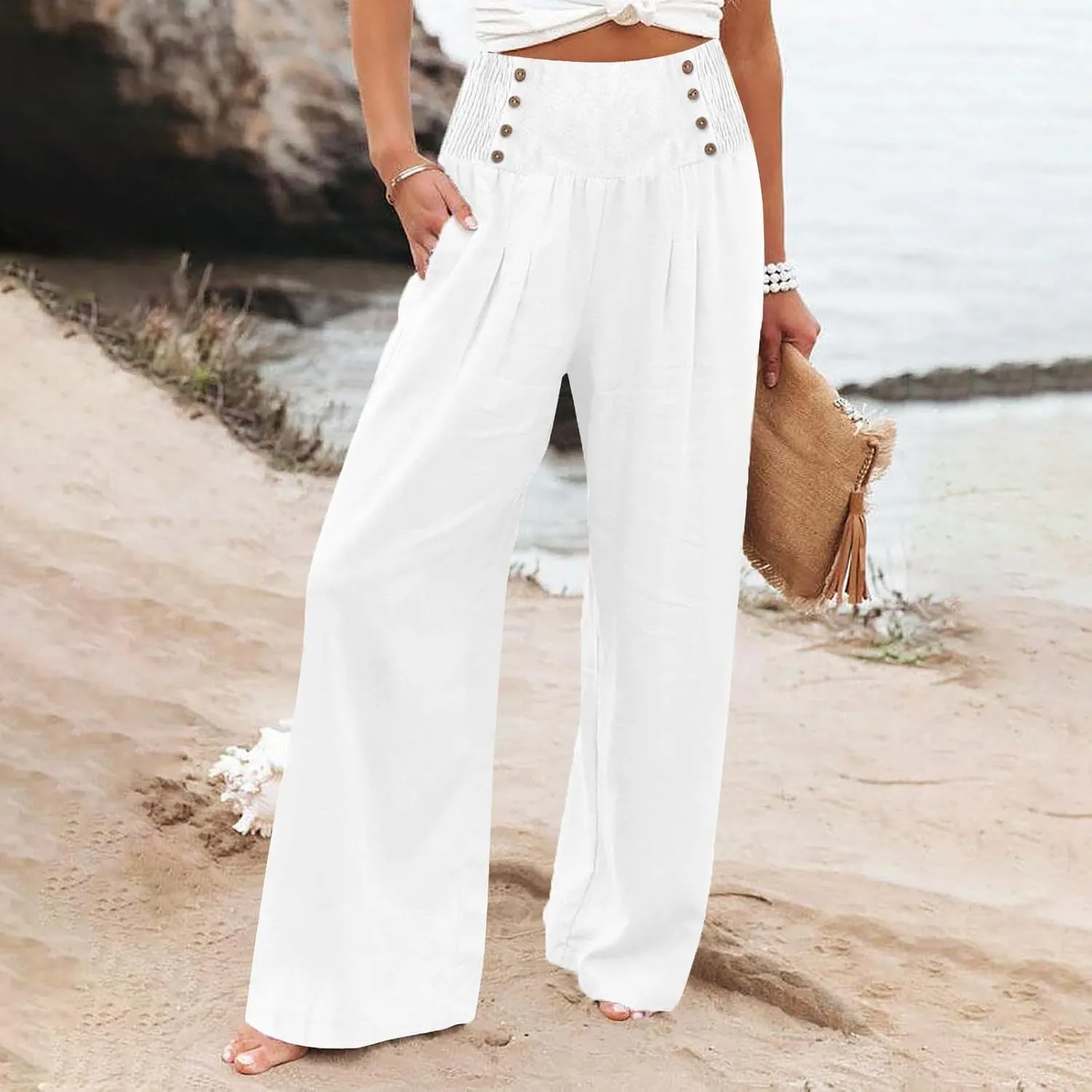 Linen Pants Women Comfy Flowy Wide Leg Pants Trousers Summer High Waisted Beach Palazzo Pants with Pockets 2025