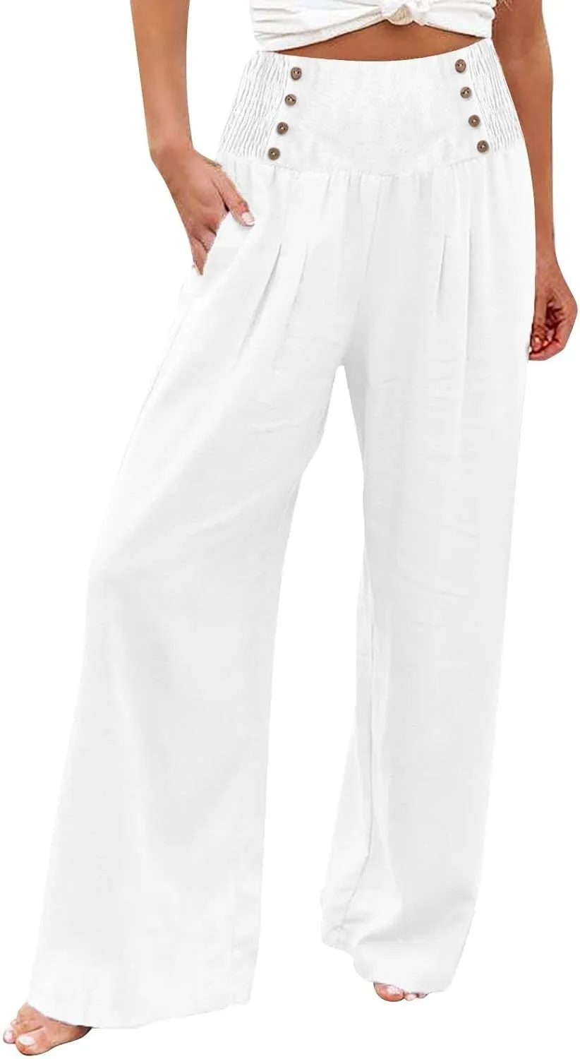 Linen Pants Women Comfy Flowy Wide Leg Pants Trousers Summer High Waisted Beach Palazzo Pants with Pockets 2025