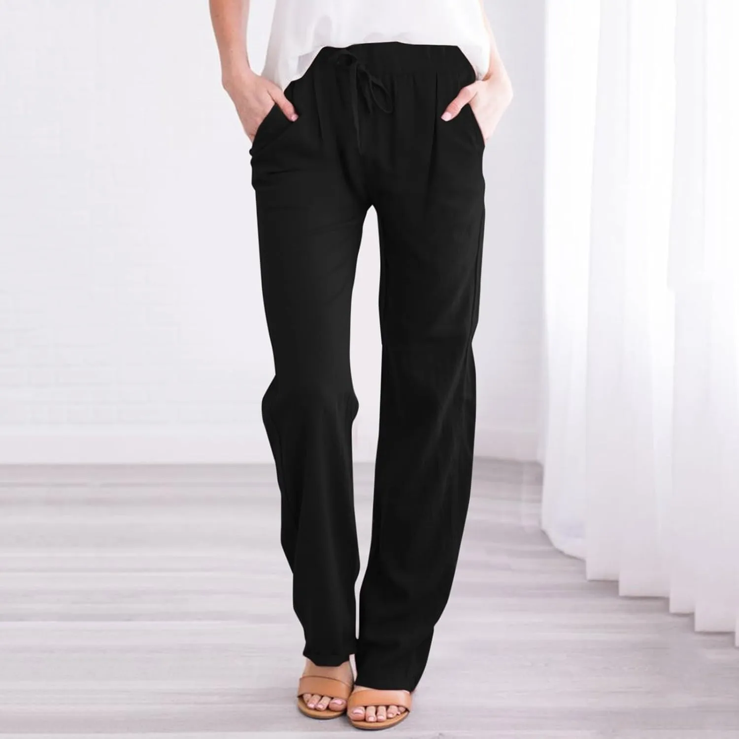 Linen Pants Women Cotton Linen Straight Leg Lightweight Pants Summer Pants Plus Size Women Loose Fit Trousers