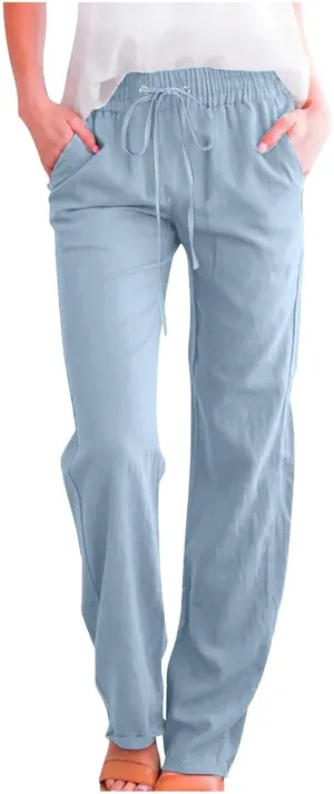 Linen Pants Women Long Summer Vacation Beach Pants Casual Cotton Linen Soft Comfy Lounge Pants Trousers with Pockets