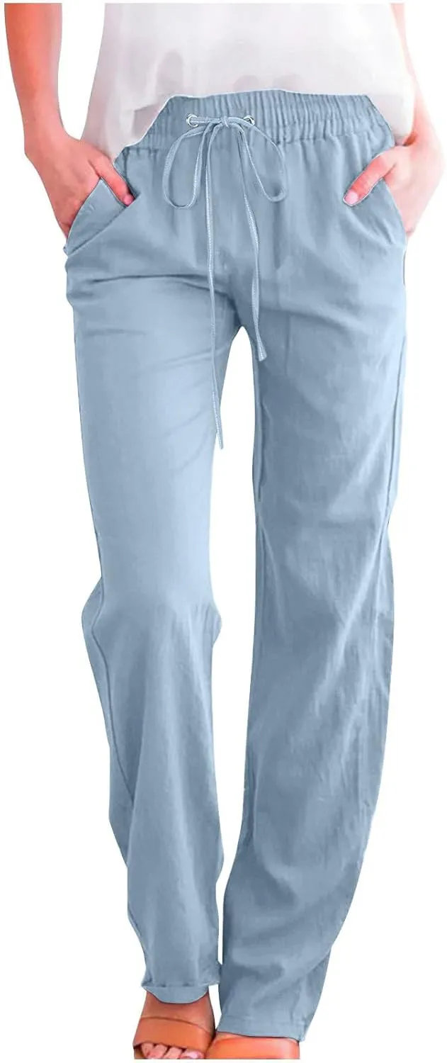 Linen Pants Women Long Summer Vacation Beach Pants Casual Cotton Linen Soft Comfy Lounge Pants Trousers with Pockets
