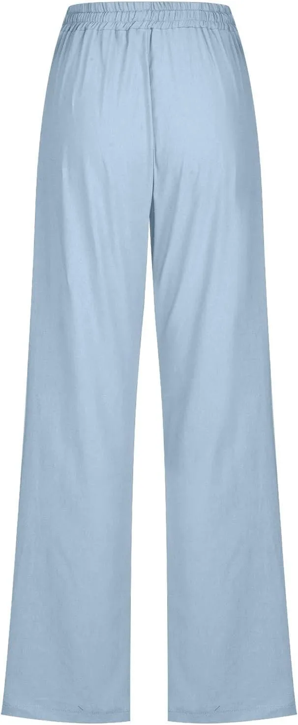Linen Pants Women Long Summer Vacation Beach Pants Casual Cotton Linen Soft Comfy Lounge Pants Trousers with Pockets