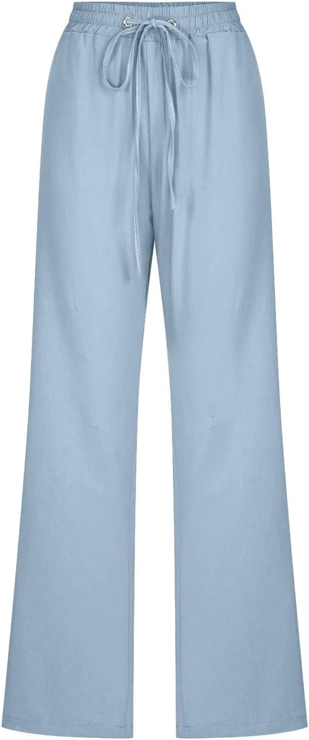 Linen Pants Women Long Summer Vacation Beach Pants Casual Cotton Linen Soft Comfy Lounge Pants Trousers with Pockets