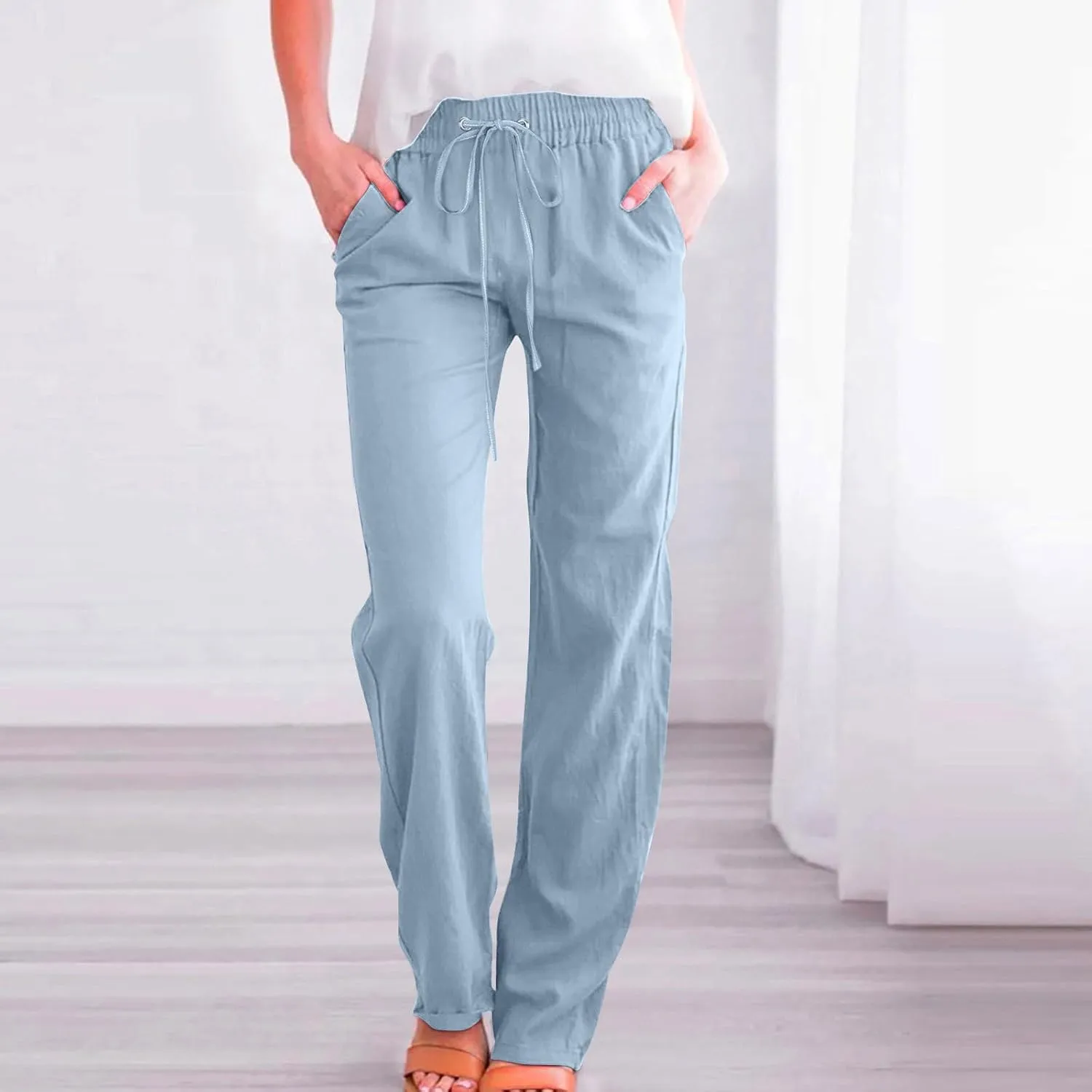 Linen Pants Women Long Summer Vacation Beach Pants Casual Cotton Linen Soft Comfy Lounge Pants Trousers with Pockets