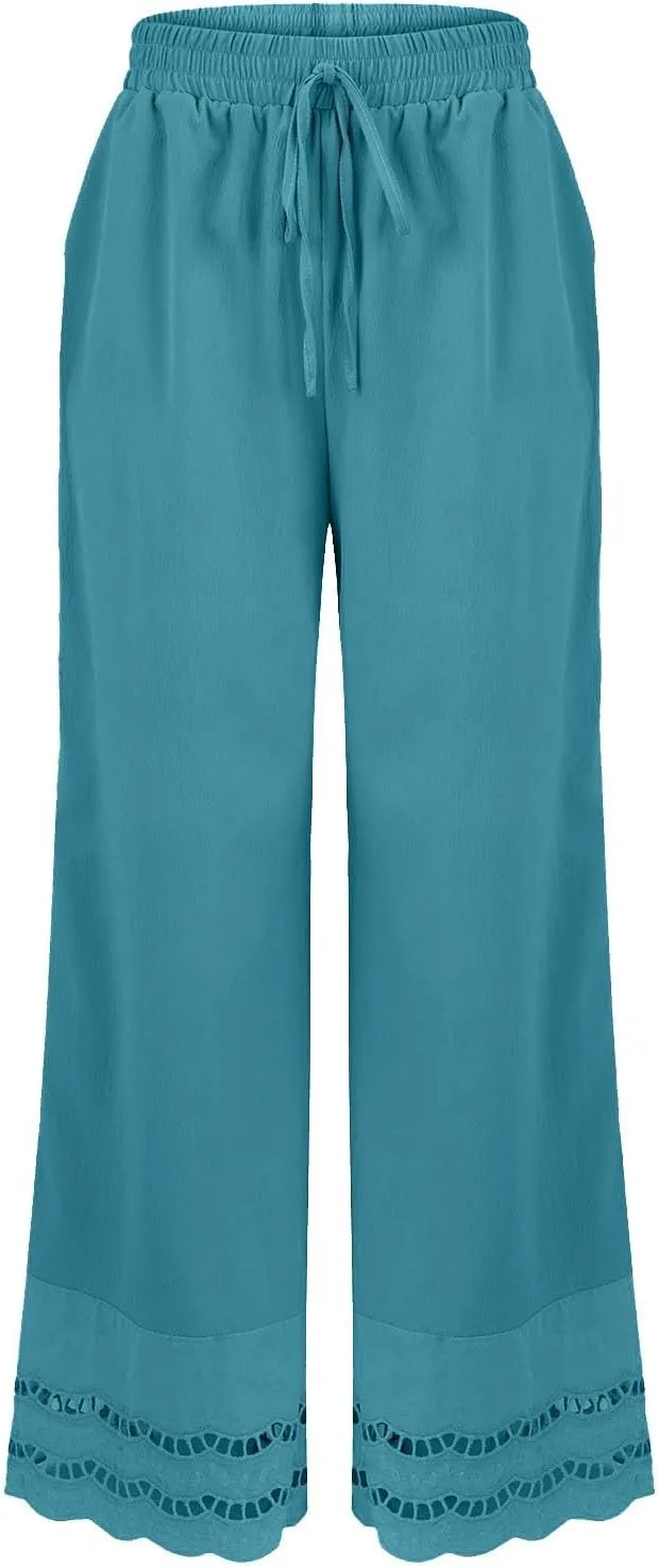 Linen Pants Women Lounge Trousers Drawstring Elastic Waist Summer Boho Palazzo Vintage Pants with Pockets