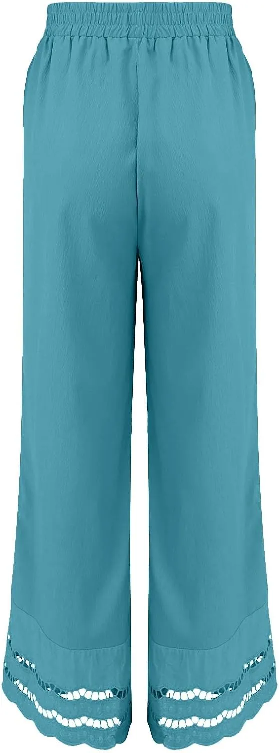 Linen Pants Women Lounge Trousers Drawstring Elastic Waist Summer Boho Palazzo Vintage Pants with Pockets