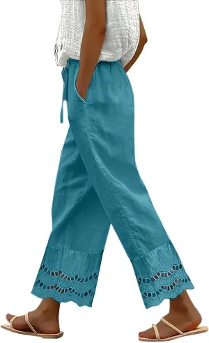 Linen Pants Women Lounge Trousers Drawstring Elastic Waist Summer Boho Palazzo Vintage Pants with Pockets