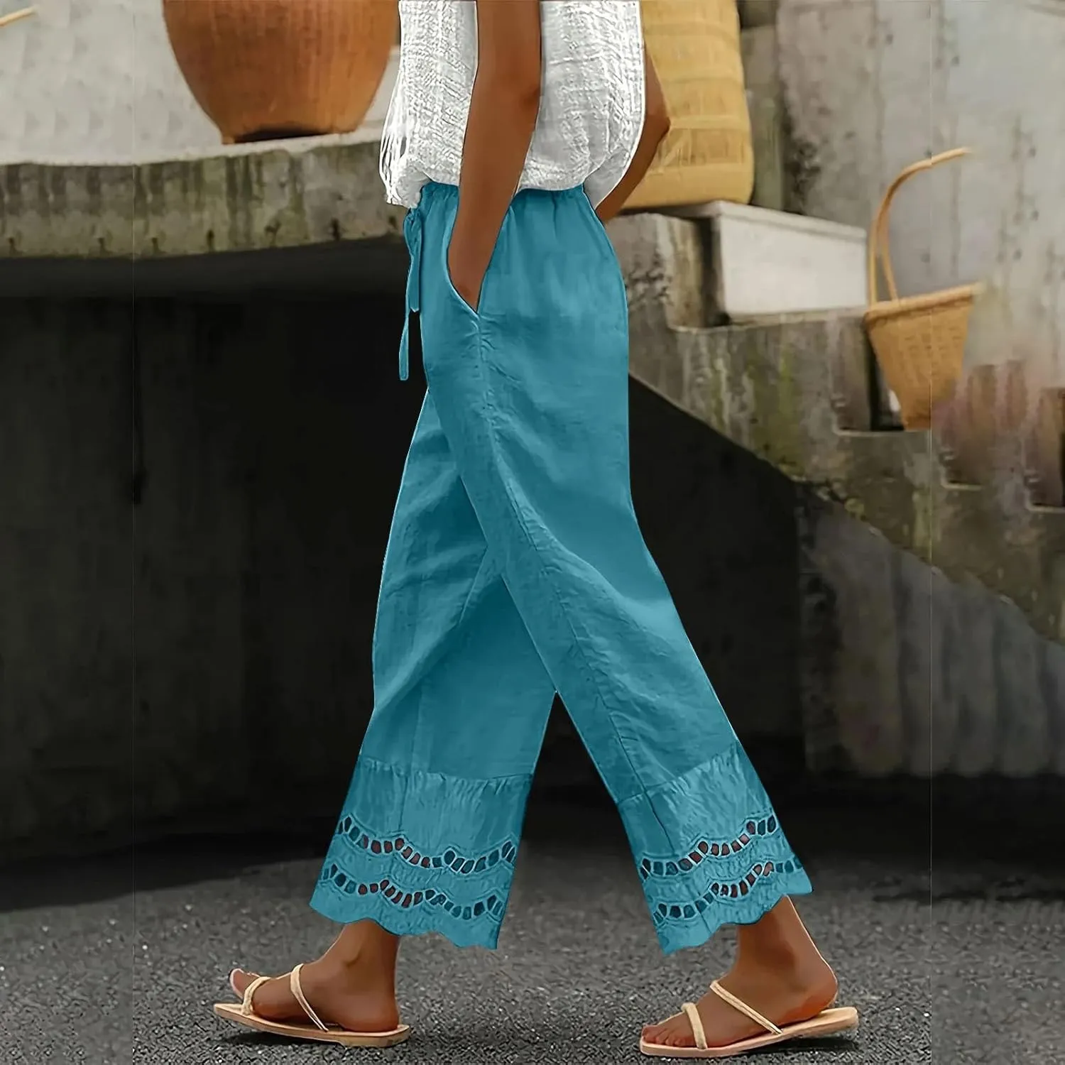 Linen Pants Women Lounge Trousers Drawstring Elastic Waist Summer Boho Palazzo Vintage Pants with Pockets