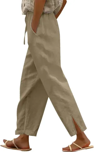 Linen Pants Women Summer Elastic Waist Pants Straight Leg Pants Lounge Beach Trousers with Pockets