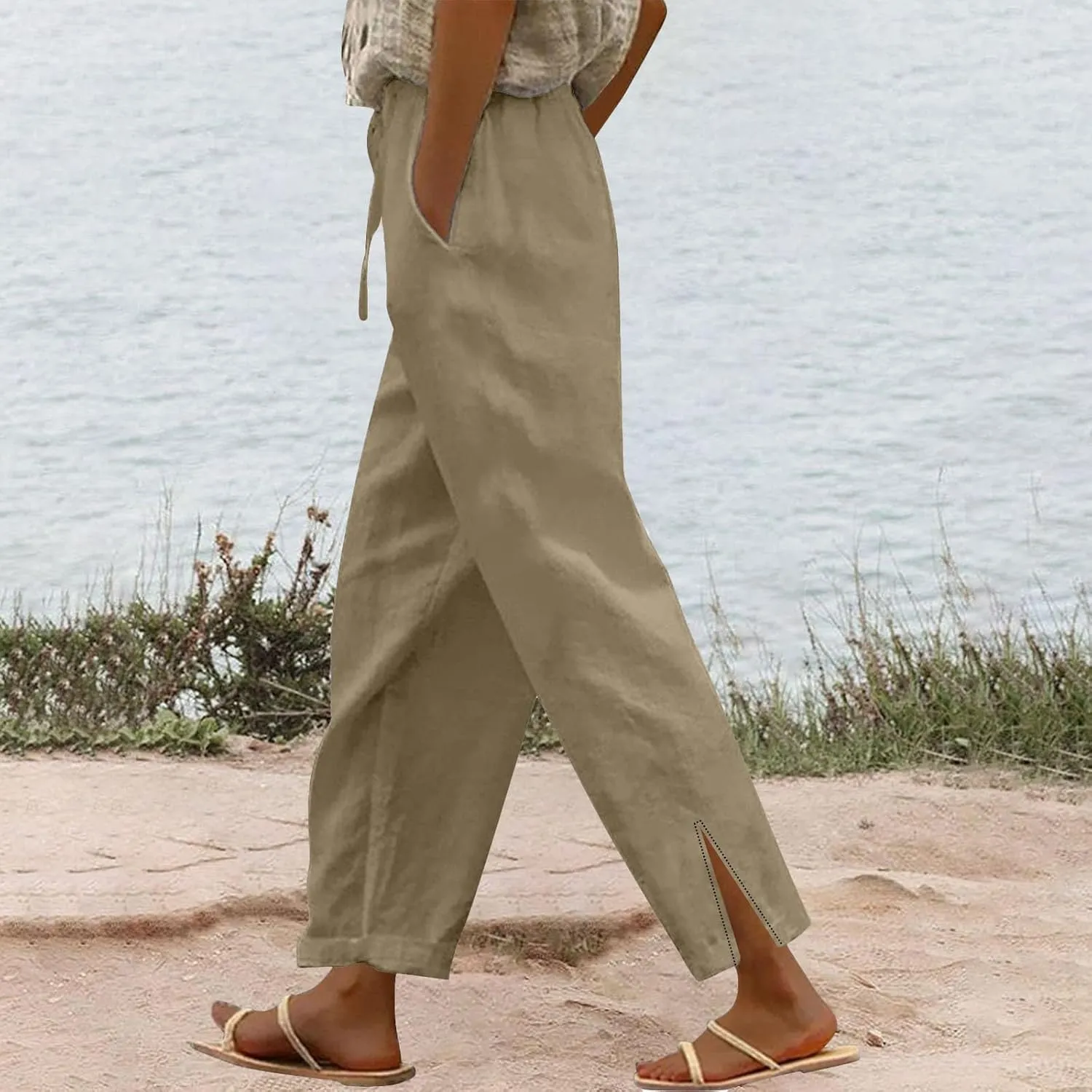 Linen Pants Women Summer Elastic Waist Pants Straight Leg Pants Lounge Beach Trousers with Pockets
